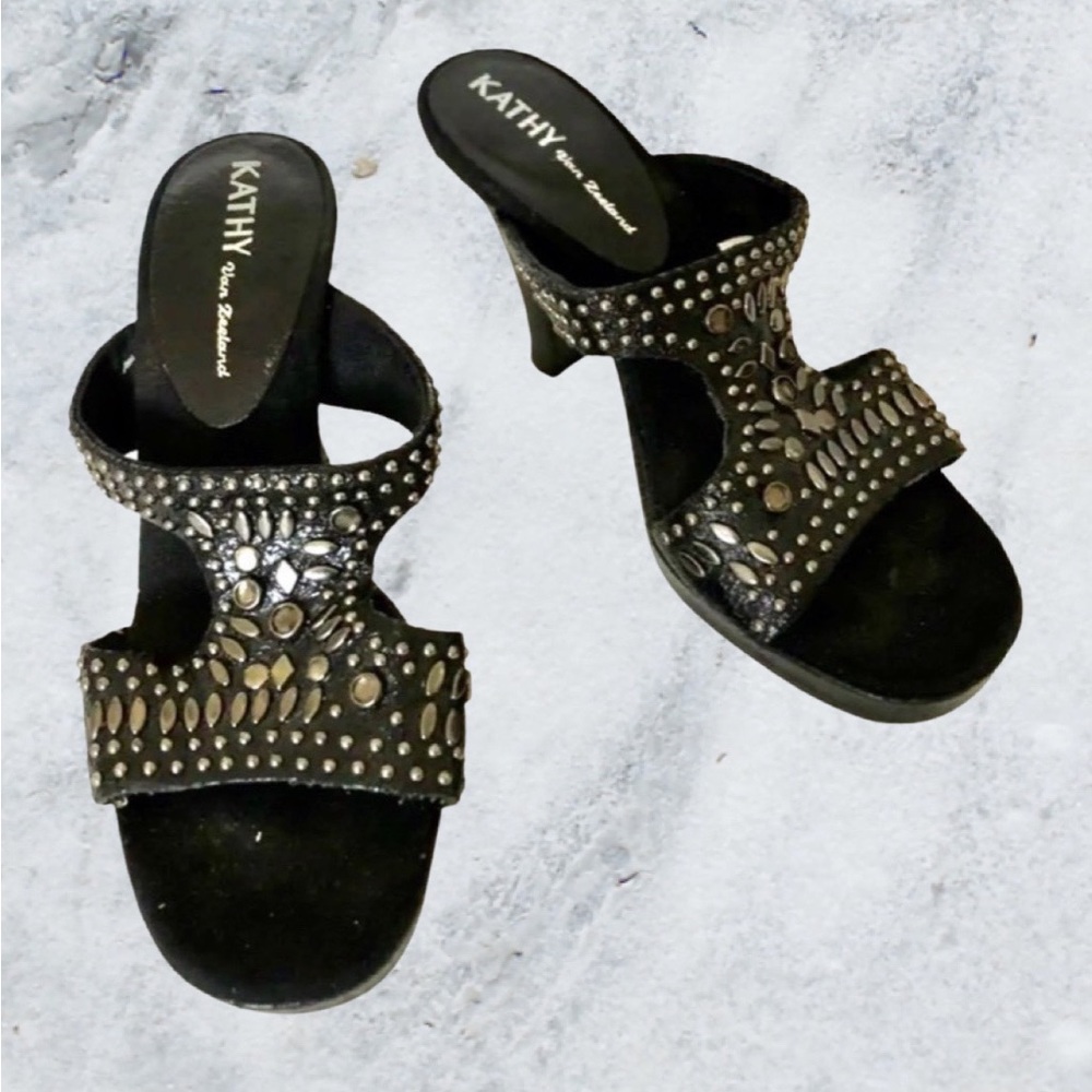 KATHY VAN ZEELAND Black Studded Open Toe High Heeled Sandals Sz 7.5